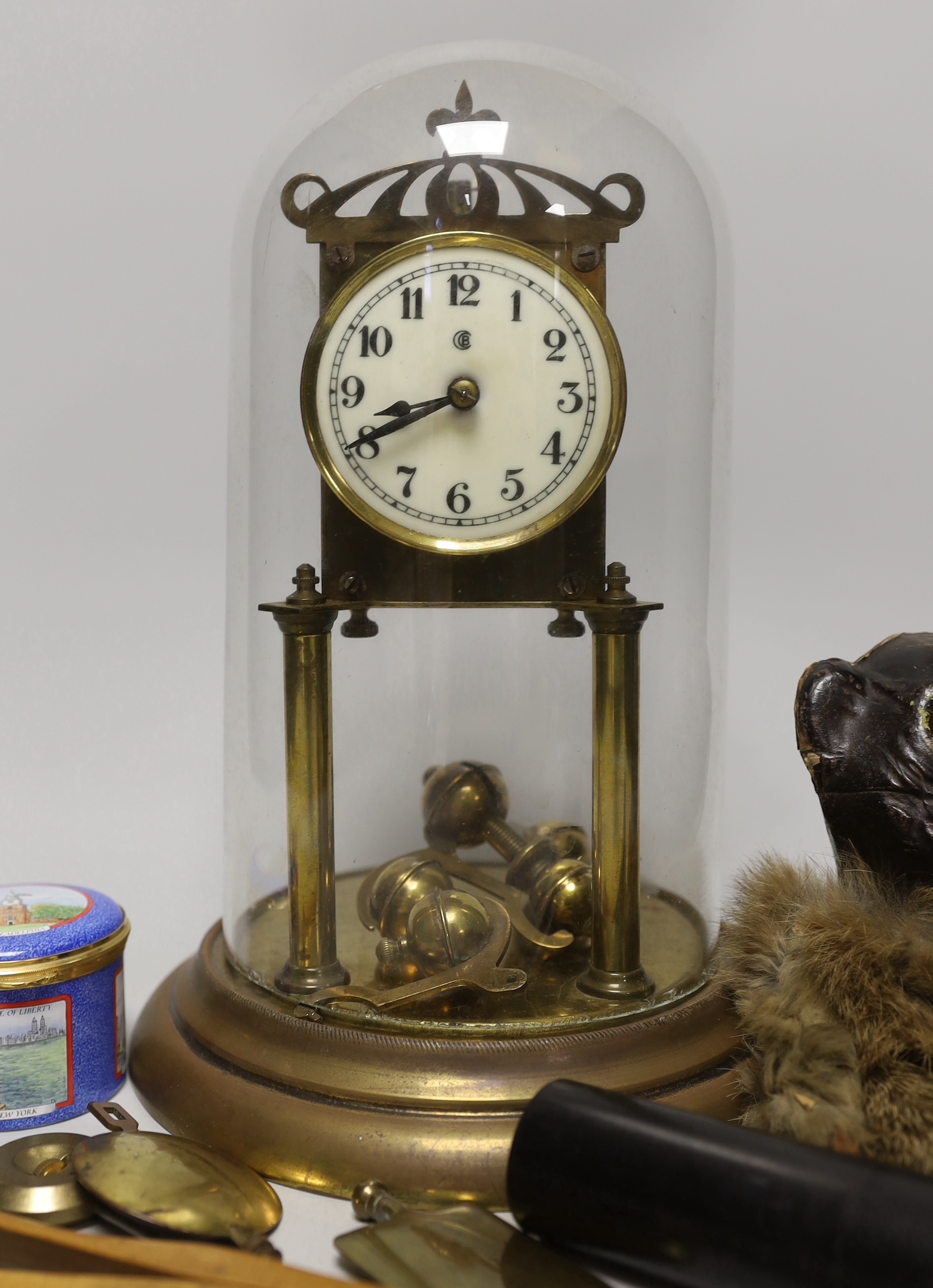 Sundry items including domed clock, limited edition enamel box, Clarice Cliff Crocus pattern pot and silver mounted hat pin cylinder, the largest 29cm high